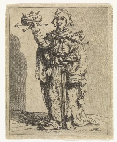 Nar met kroon en fluit by Hendrik Pola, print, 1705-1713