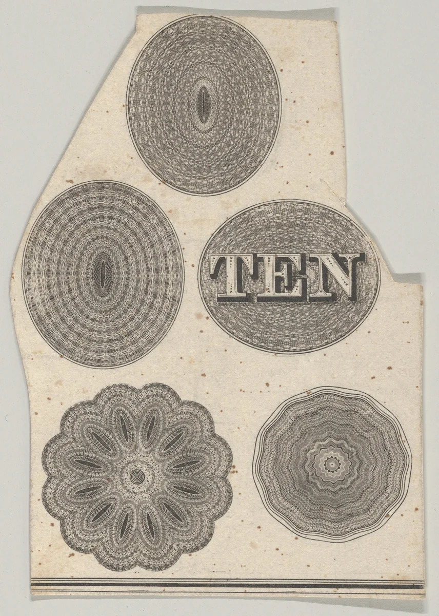 Banknote motif: Five oval or circular ornamental lathe work designs, one containing the word ten by Cyrus Durand, print, 1819-1847
