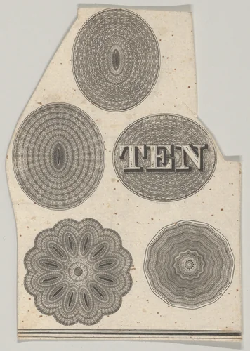 Banknote motif: Five oval or circular ornamental lathe work designs, one containing the word ten by Cyrus Durand, print, 1819-1847