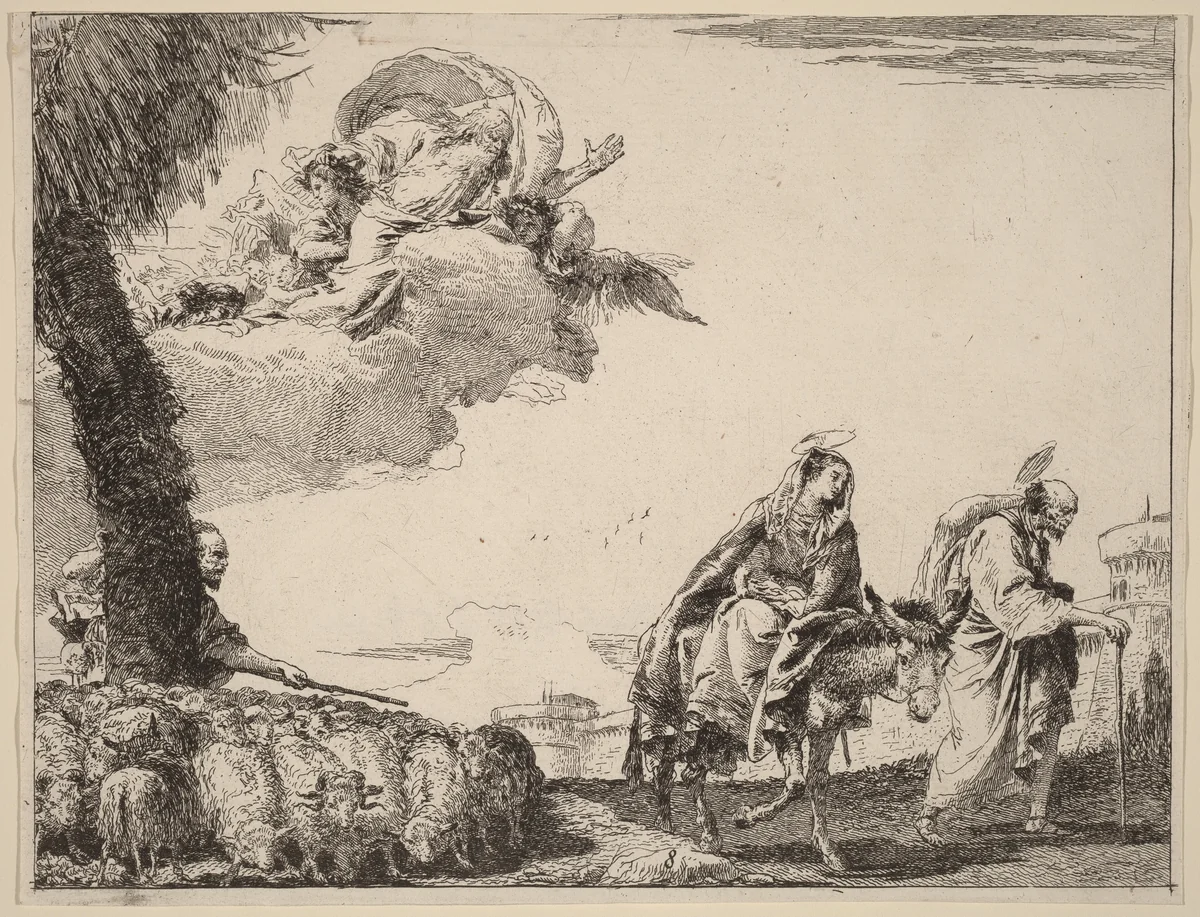 The Flight with the Holy Family at the Right by Giovanni Domenico Tiepolo, print, 1753