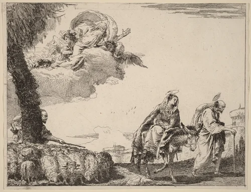 The Flight with the Holy Family at the Right by Giovanni Domenico Tiepolo, print, 1753