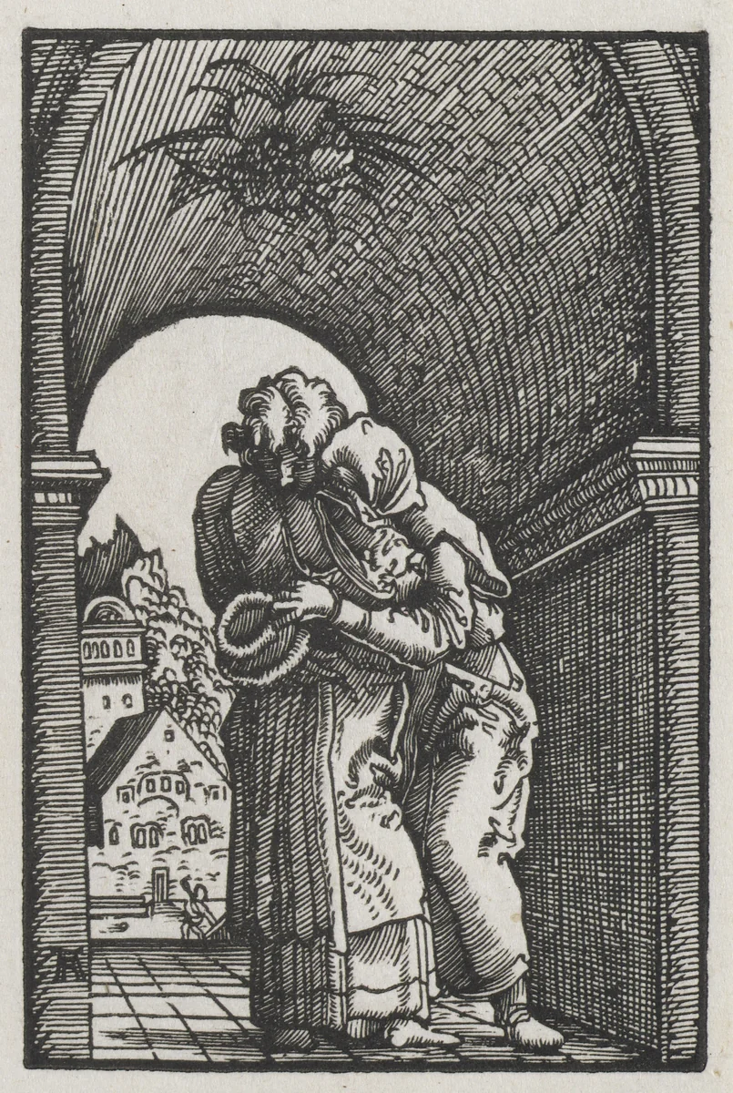 The Fall and Redemption of Man: The Embrace of Joachim and Anne at the Golden Gate by Albrecht Altdorfer, print, 1508-1518