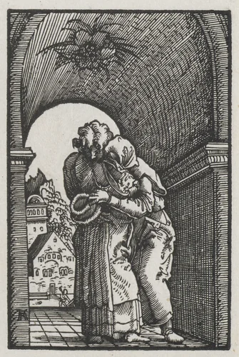 The Fall and Redemption of Man: The Embrace of Joachim and Anne at the Golden Gate by Albrecht Altdorfer, print, 1508-1518