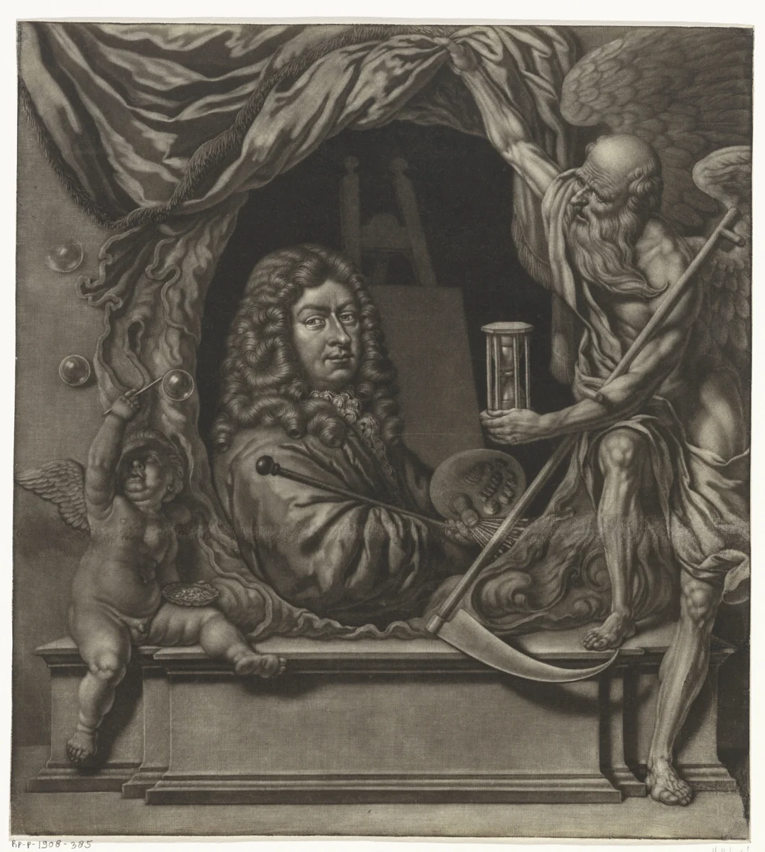 Zelfportret van Michiel van Musscher in allegorische omlijsting by Michiel van Musscher, print, 1685