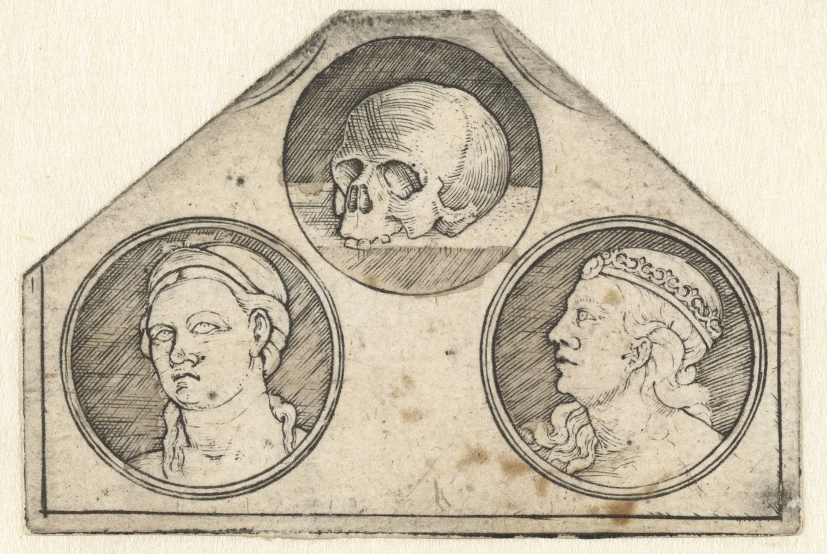 Blad met drie ronde voorstellingen: schedel en twee hoofden van vrouwen by Unknown, print, 1500-1599