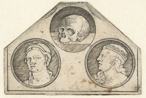 Blad met drie ronde voorstellingen: schedel en twee hoofden van vrouwen by Unknown, print, 1500-1599