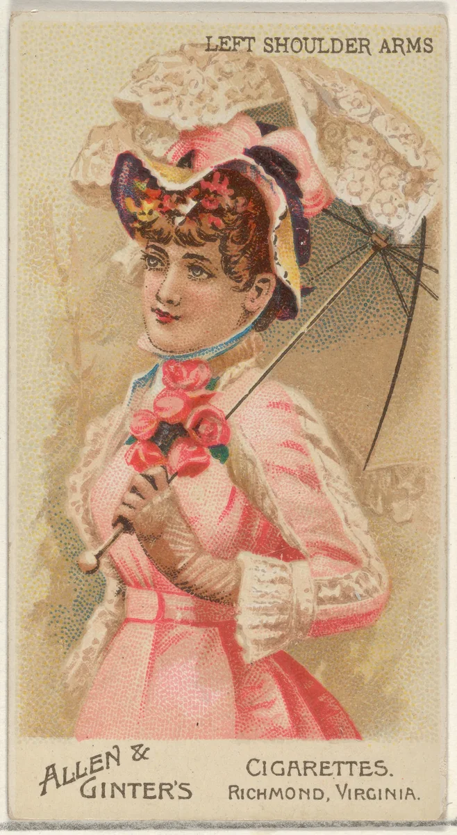 Left Shoulder Arms, from the Parasol Drills series (N18) for Allen & Ginter Cigarettes Brands by Allen & Ginter, print, 1888