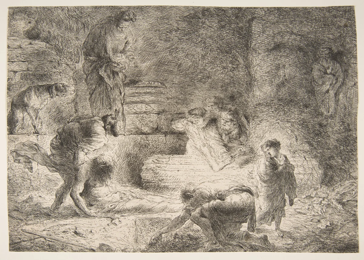 Tobit burying the Dead by Giovanni Benedetto Castiglione, print, 1642-1652