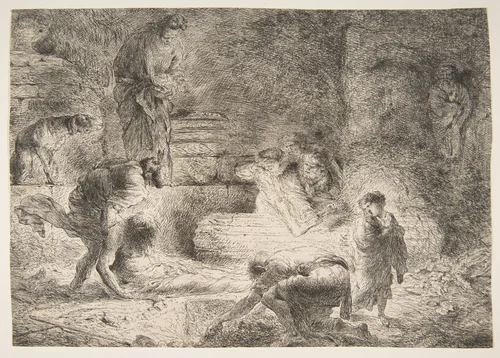 Tobit burying the Dead by Giovanni Benedetto Castiglione, print, 1642-1652