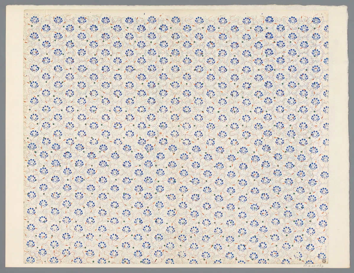 Blad met strooipatroon van bloemen en sterretjes met puntenfond by anonymous, print, 1800-1900
