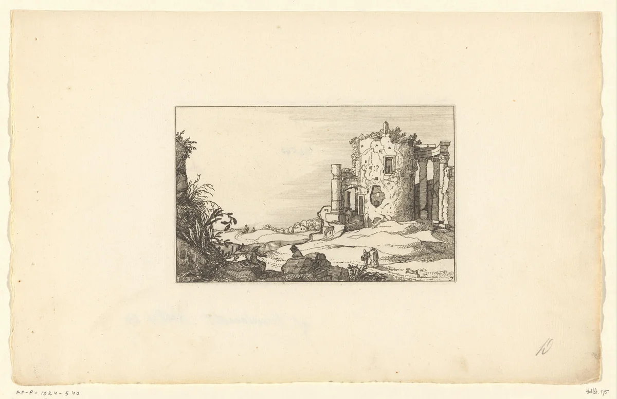 Kustweg langs een ronde ruïne by Claes Jansz Visscher, print, 1618