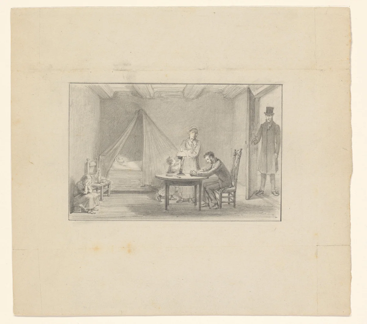 Interieur met rouwende familie bij een sterfbed by Johan Michaël Schmidt Crans, drawing, 1840-1907