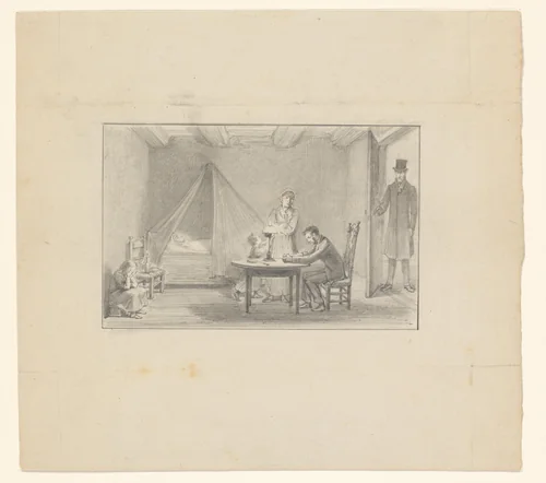 Interieur met rouwende familie bij een sterfbed by Johan Michaël Schmidt Crans, drawing, 1840-1907