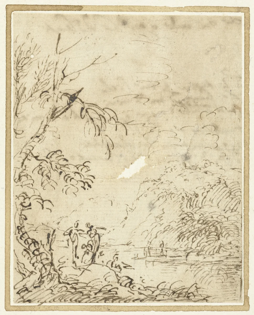 Krijgslieden met lansen in een landschap by Salvator Rosa, drawing, 1657-1667