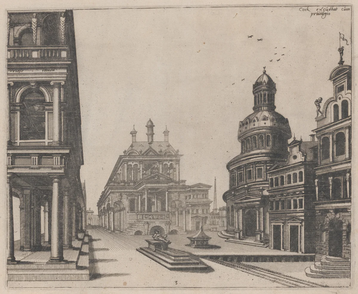 Corner of a Palace with Colonnade and Circular Building by Lucas van Doetechum
Johannes van Doetechum the Elder
Hans Vredeman de Vries
Hieronymus Cock, portfolio, 1560