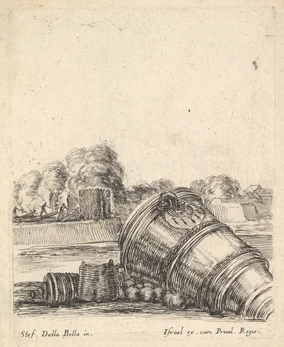 A mortar without a carriage lying on the ground to the right, soldiers firing cannons creating clouds of smoke in the background, from "Equipment needed for Fortification" (Recueil de diverses pièces très nécessaires à la fortification) by Stefano della Bella, print, 1638-1643
