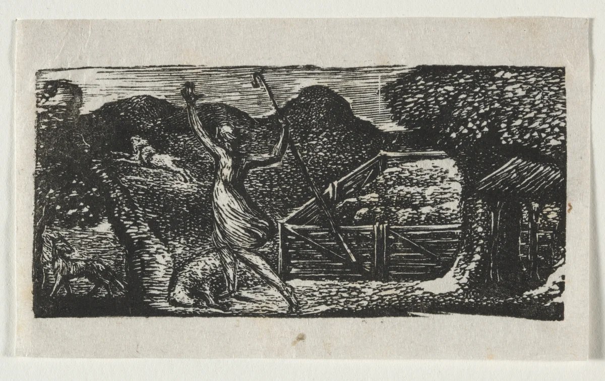 The Pastorals of Virgil, Eclogue I: The Shepherd Chases away a Wolf by William Blake, print, 1821
