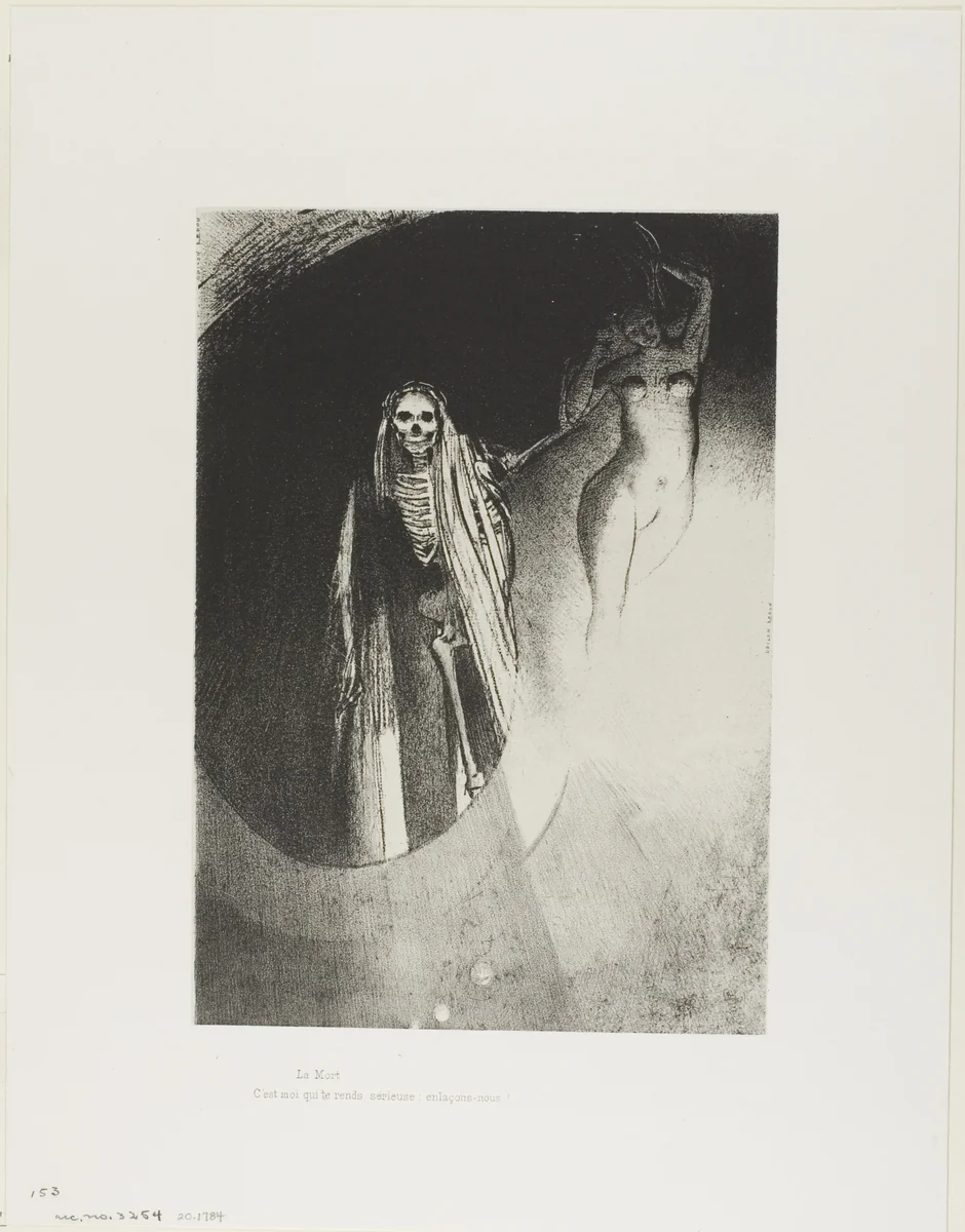 Death: "It is I who make you serious; let us embrace each other", plate 20 of 24 by Odilon Redon, print, 1896