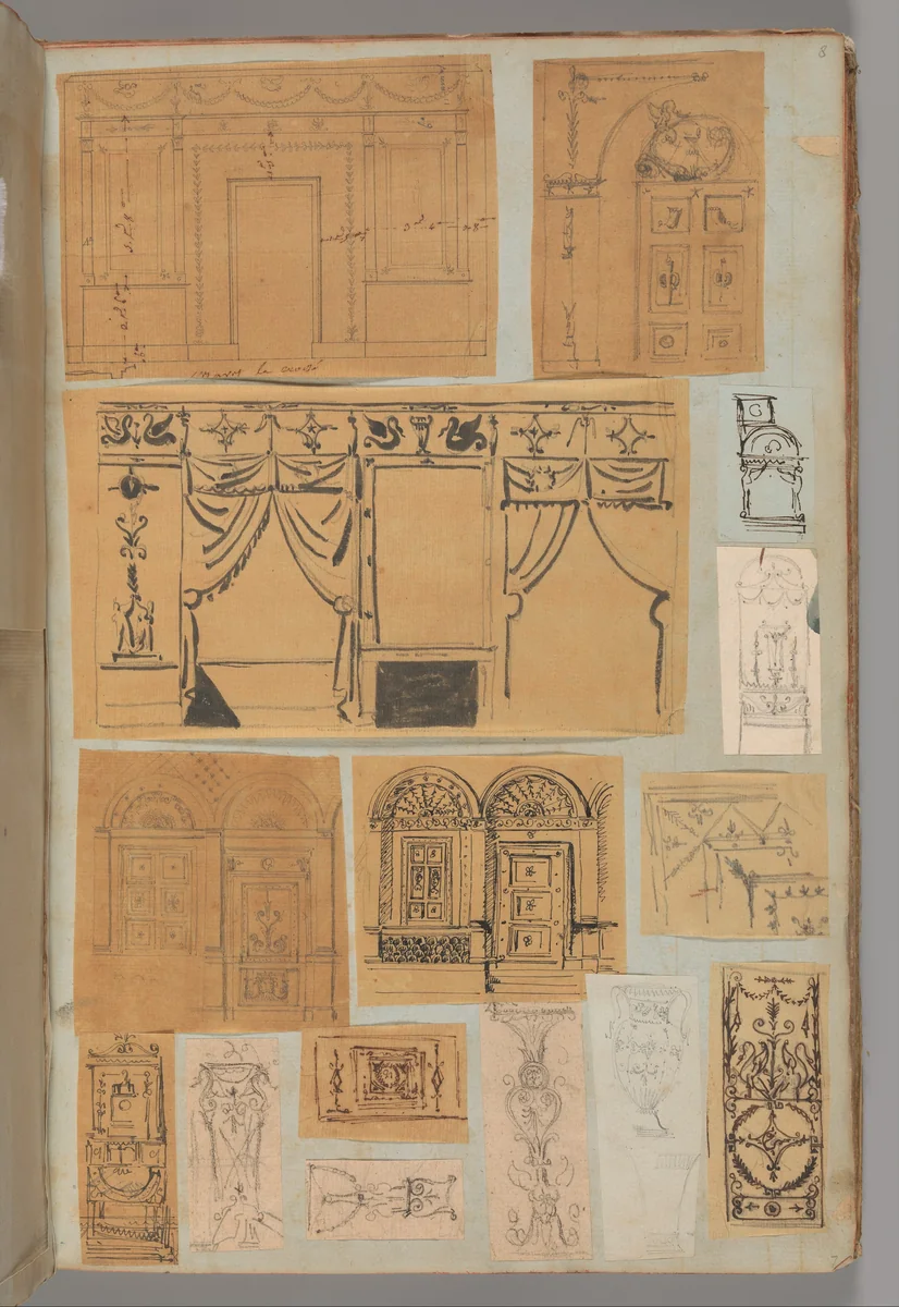 Page from a Scrapbook containing Drawings and Several Prints of Architecture, Interiors, Furniture and Other Objects by Charles Percier, book, 1795-1805