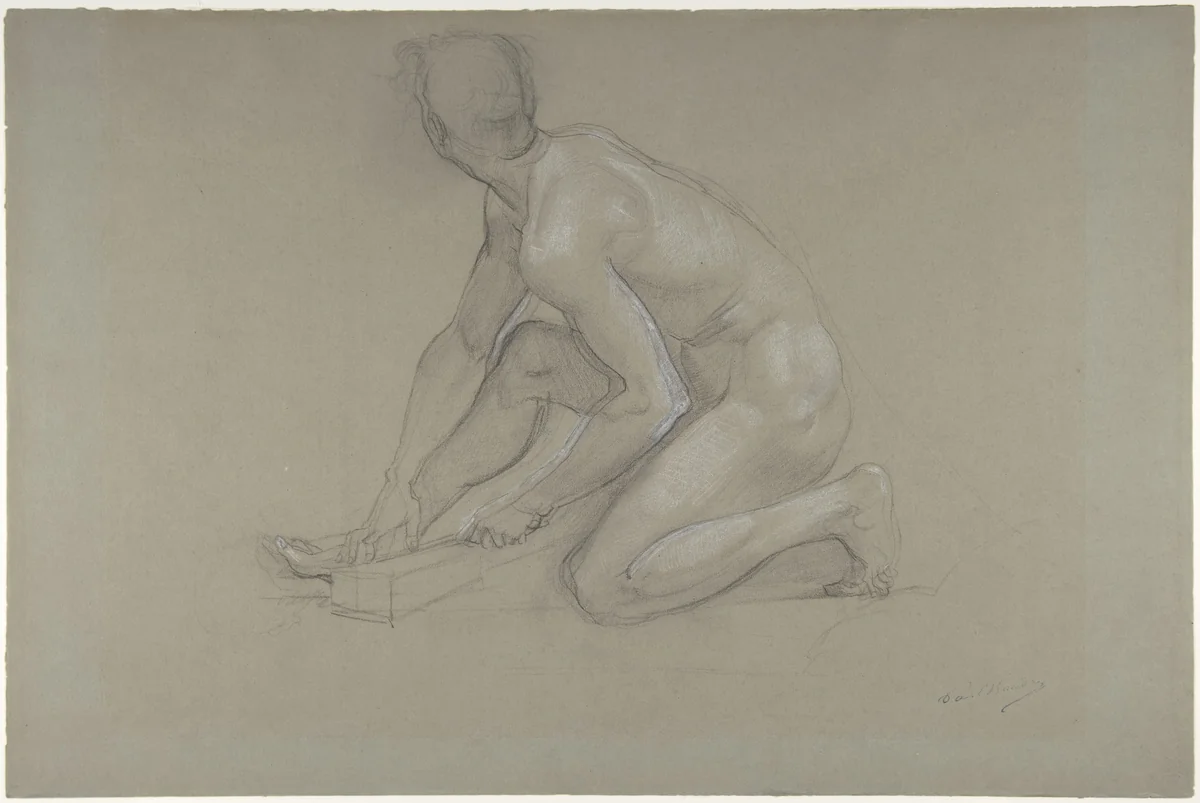 Crouching Nude Male Figure by Paul Baudry, drawing, 1864-1874