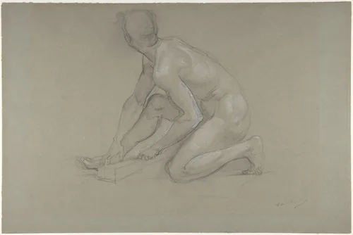 Crouching Nude Male Figure by Paul Baudry, drawing, 1864-1874
