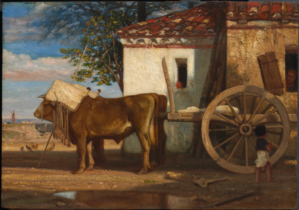 Oxen before a Farmhouse at Le Verrier by Alexandre-Gabriel Decamps, painting, 1848-1858