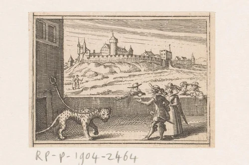 Geketende tijger met toeschouwers en kasteel in de achtergrond by Daniel Sudermann, book, 1624