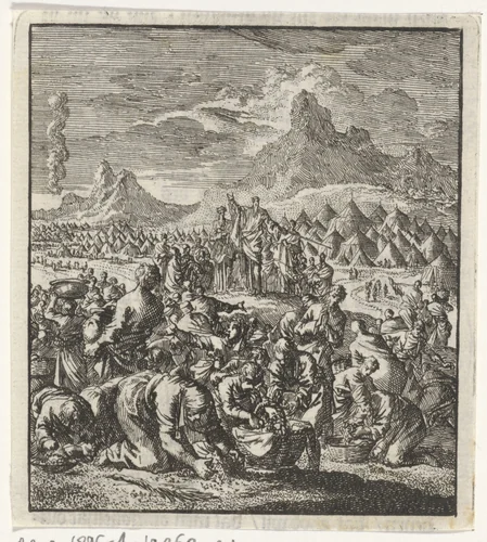 Inzameling van het manna door de Israëlieten by Jan Luyken, print, 1706