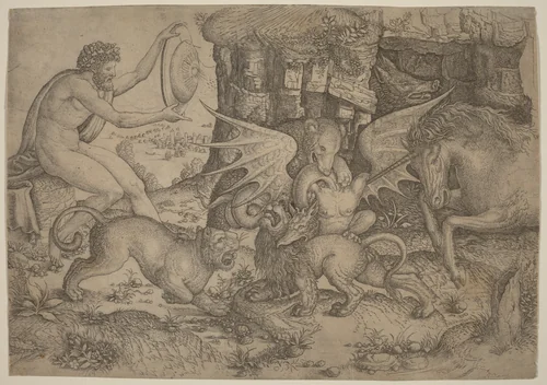 Allegorical Theme: Combat of Animals by Master of the Beheading of St. John the Baptist, print, 1515-1520
