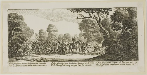 Discovery of the Criminal Soldiers, plate nine from The Large Miseries of War by Gerrit Lucasz van Schagen, print, 1612-1635