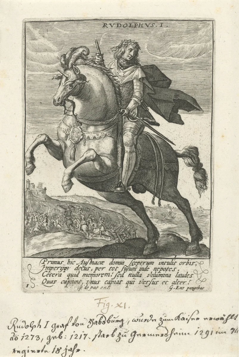 Rudolf I van Habsburg te paard by Crispijn van de Passe, print, 1604