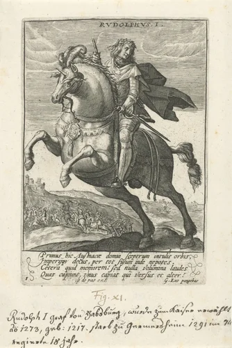 Rudolf I van Habsburg te paard by Crispijn van de Passe, print, 1604