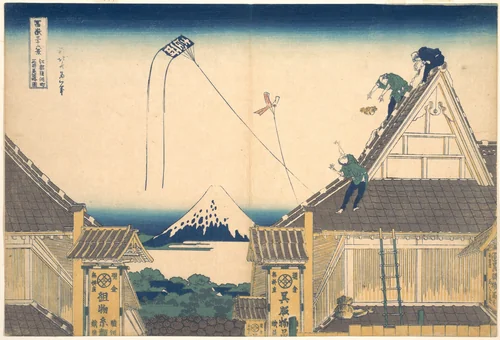 Mitsui Shop at Surugachō in Edo (Edo Surugachō Mitsui mise ryaku zu), from the series Thirty-six Views of Mount Fuji (Fugaku sanjūrokkei) by Katsushika Hokusai (葛飾 北斎), print, 1820-1842