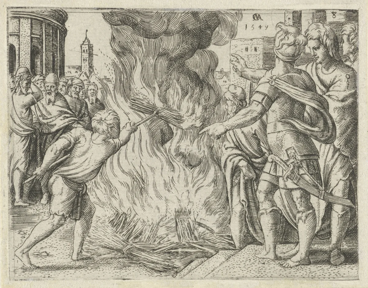 Filistijnen verbranden Simsons vrouw en schoonvader by Unknown, print, 1549
