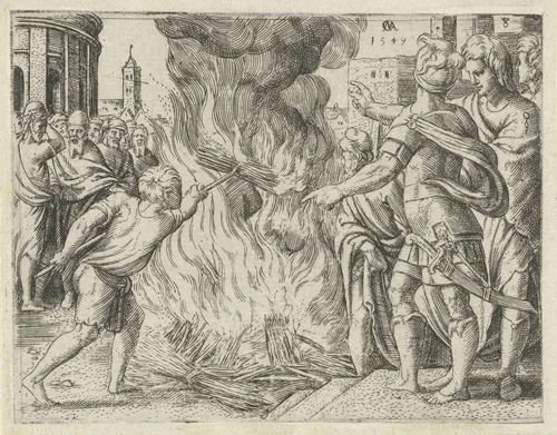 Filistijnen verbranden Simsons vrouw en schoonvader by Unknown, print, 1549