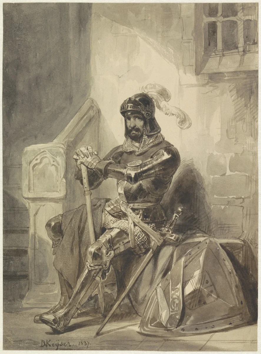 Zittende middeleeuwse ridder in harnas by Nicaise De Keyser, drawing, 1837