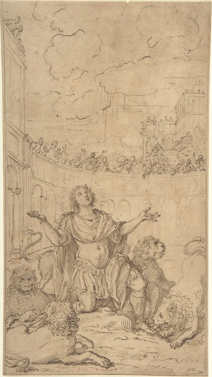 San Ponziano in an Amphitheatre Being Exposed to Lions by Christoph Unterberger, drawing, 1732-1798
