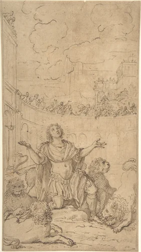 San Ponziano in an Amphitheatre Being Exposed to Lions by Christoph Unterberger, drawing, 1732-1798