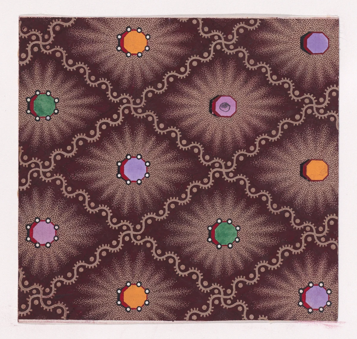 Textile Design with a Pattern of Seamless Lozenges Formed by a Undulating Ribbons with Dots, Decorated with Octagons with Pearls on the Vertices by anonymous, drawing, 1840