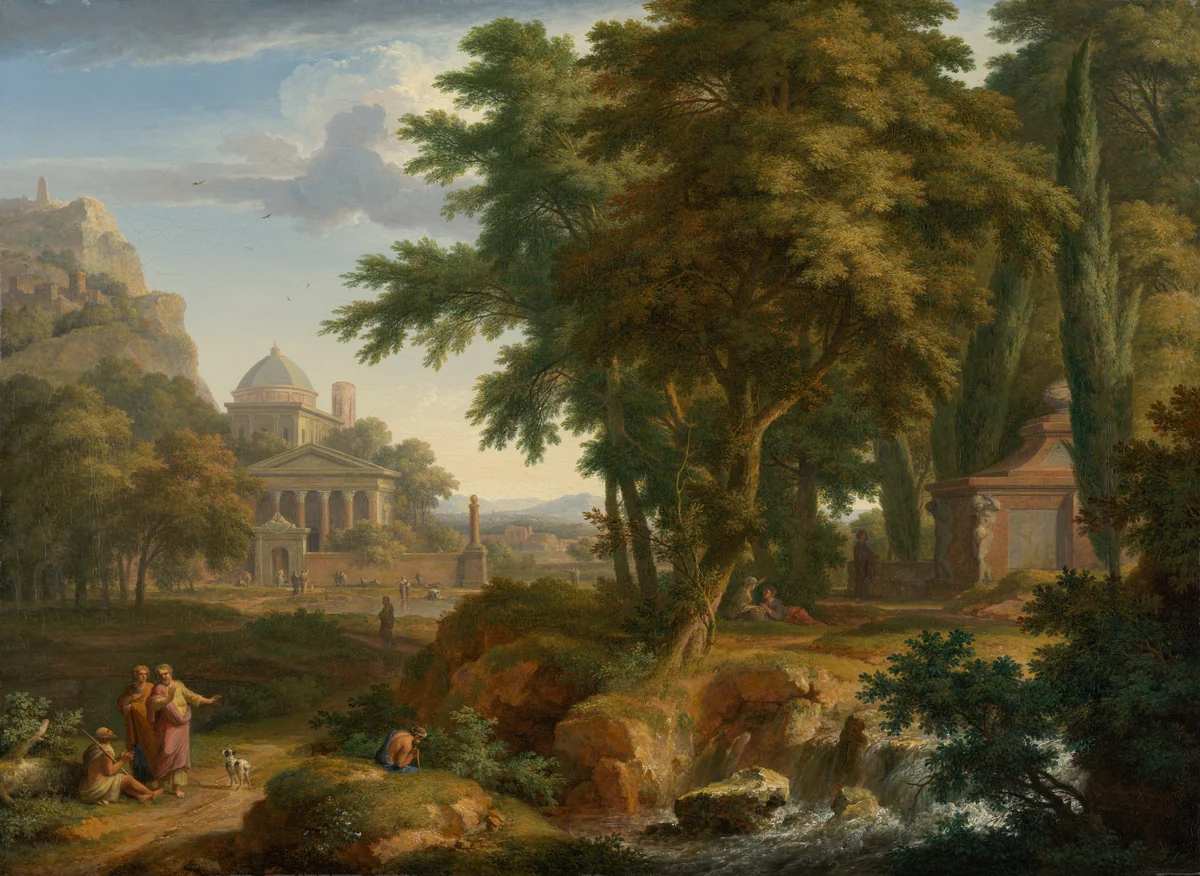 Arcadian Landscape with Saints Peter and John Healing the Lame Man by Jan van Huysum, painting, 1724