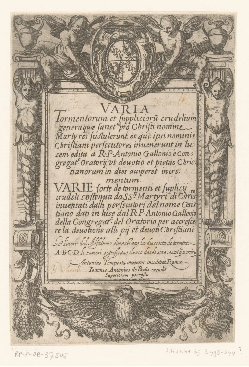 Titelprent met architectonische rand met kariatiden, een adelaar en engelen met een wapenschild by Unknown, print, 1565-1630