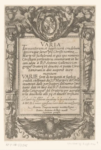 Titelprent met architectonische rand met kariatiden, een adelaar en engelen met een wapenschild by Unknown, print, 1565-1630