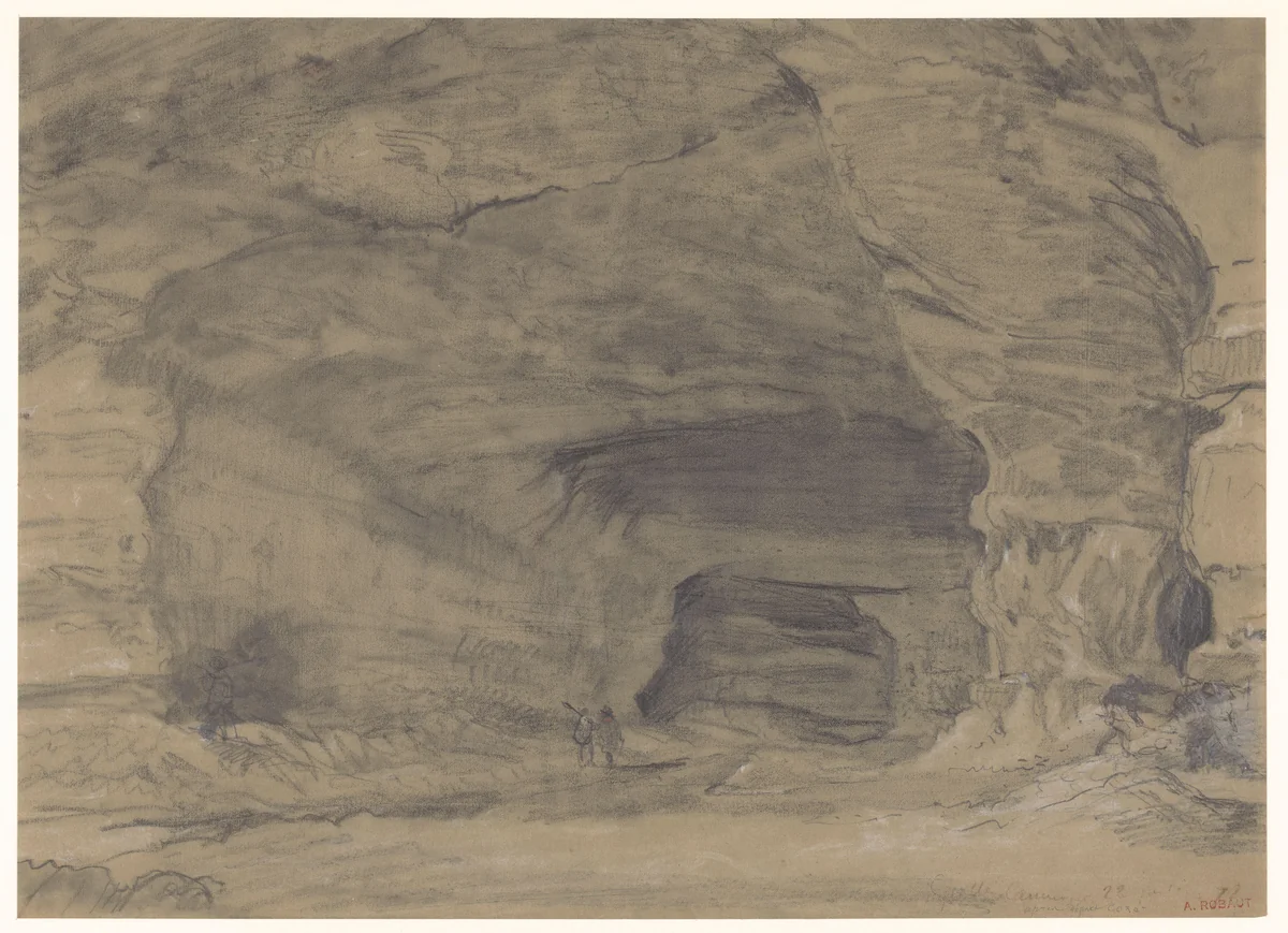 Twee figuren wandelen binnenin een grote grot by Alfred Robaut, drawing, 1872