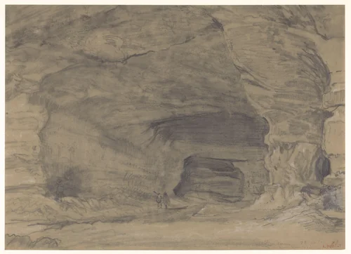 Twee figuren wandelen binnenin een grote grot by Alfred Robaut, drawing, 1872