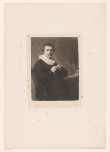 Portret van een onbekende man die zijn veer snijdt by William Unger, print, 1847-1889