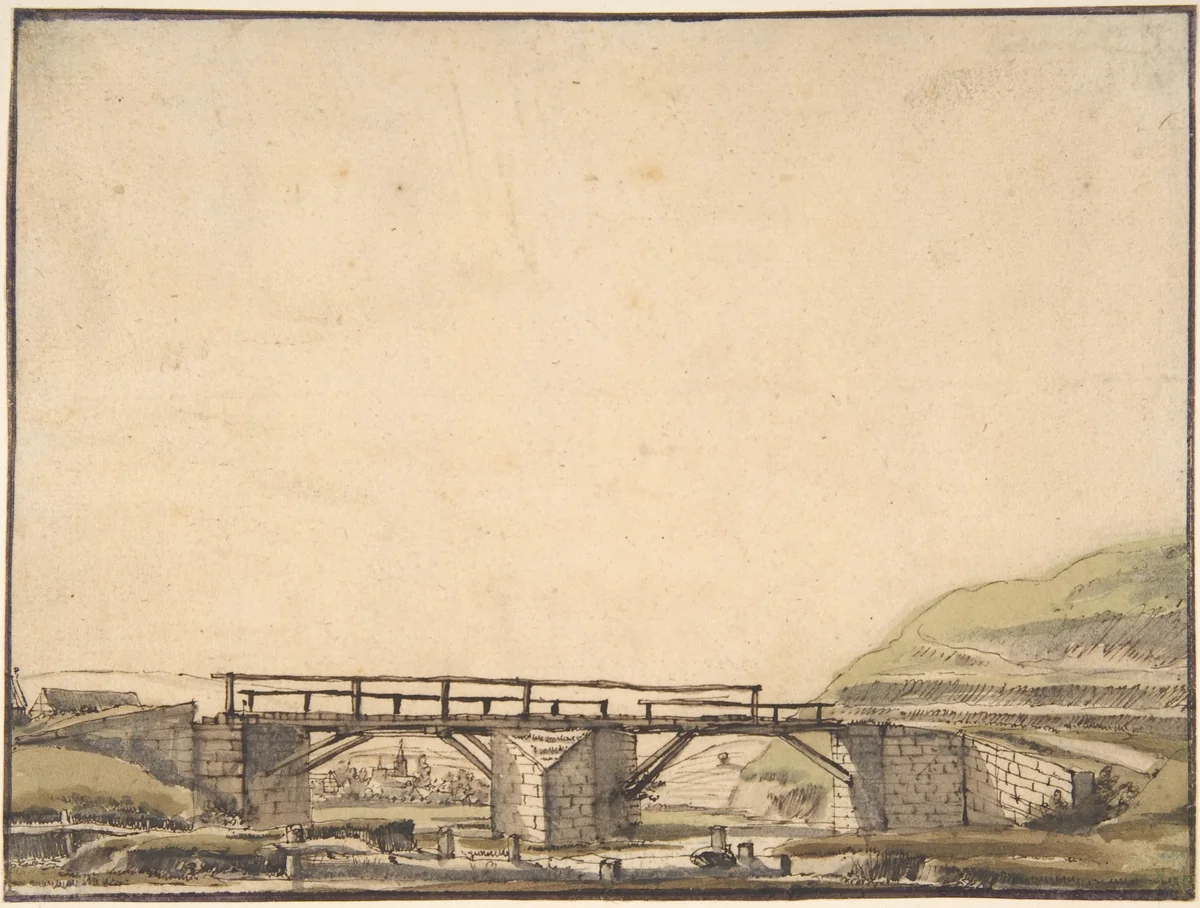 Landscape with Bridge by Anthonie van Borssom, drawing, 1624-1677