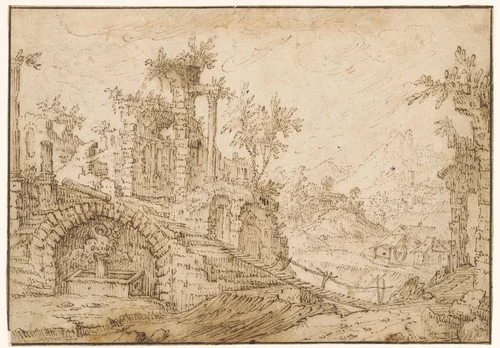 Landschap met antieke ruïnes by Tobias Verhaecht, drawing, 1585-1595