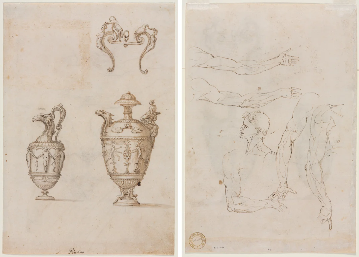 Design for Two Vases and an Ornament (recto); Sketches of Five Arms and a Head (verso) by Luzio Romano, drawing, 1530-1570