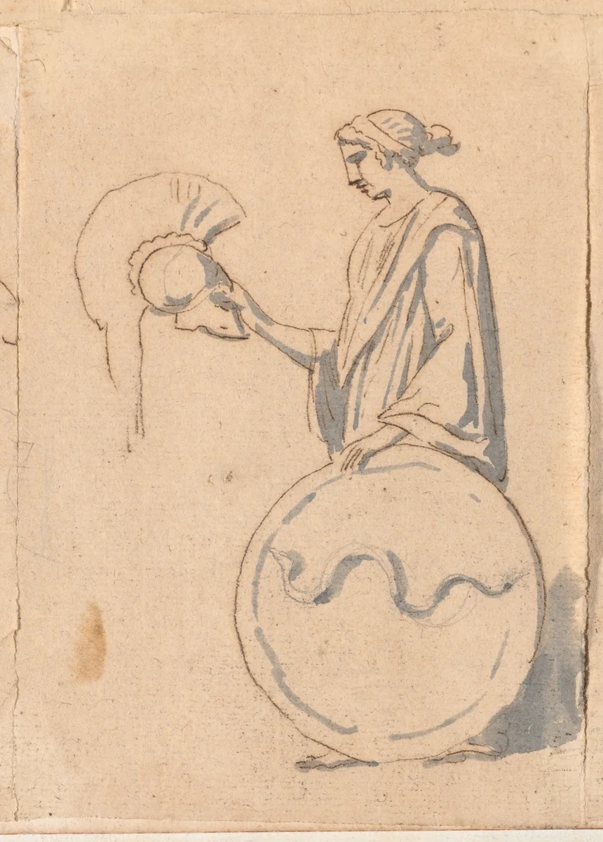 Woman with a Helmet and Shield by Jacques-Louis David, drawing, 1775-1780