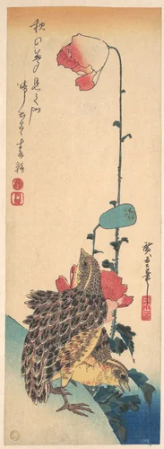 A Pair of Quails and Poppies by Utagawa Hiroshige (歌川広重), print, 1825-1845